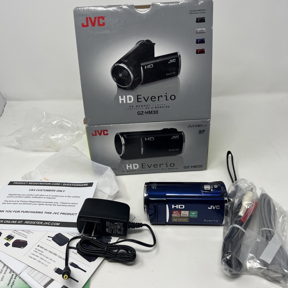 JVC Everio HD Camcorder GZ-HM30AU 40x Optical Zoom Blue W/ Box No Battery Tested